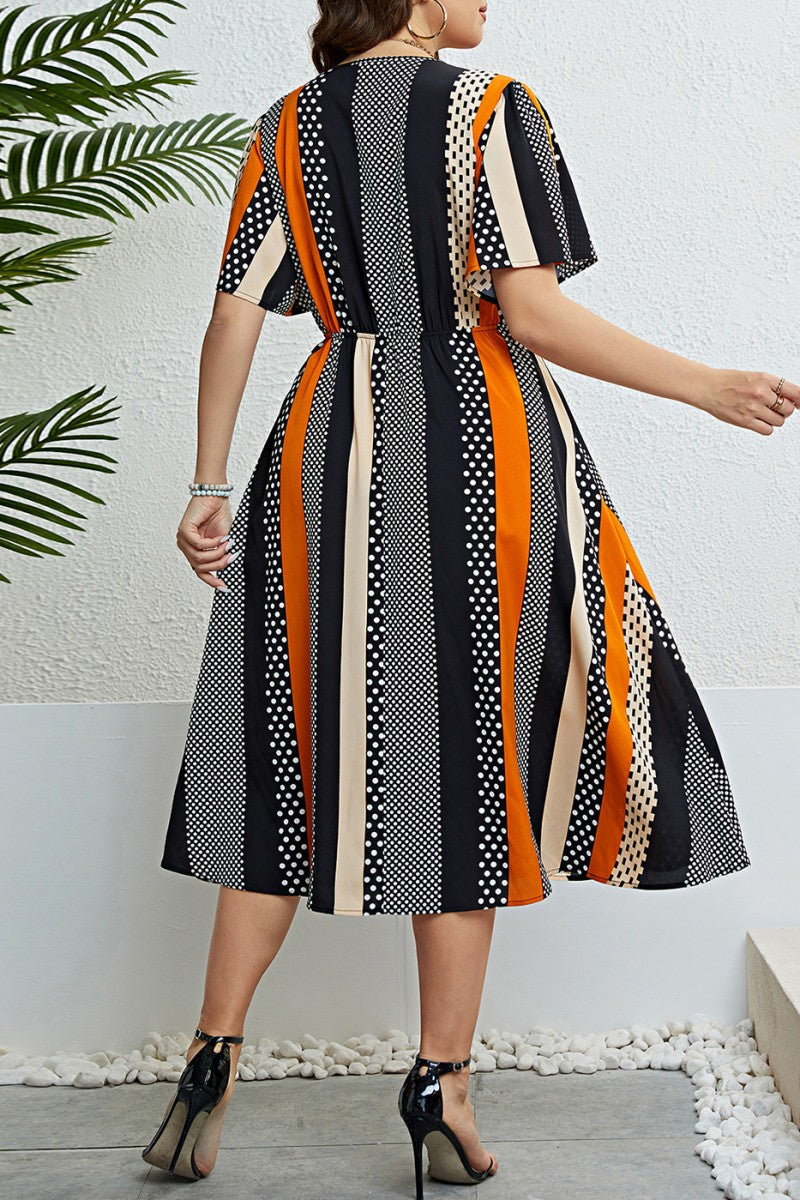 Casual Print Patchwork V Neck Short Sleeve Dress Plus Size Dresses