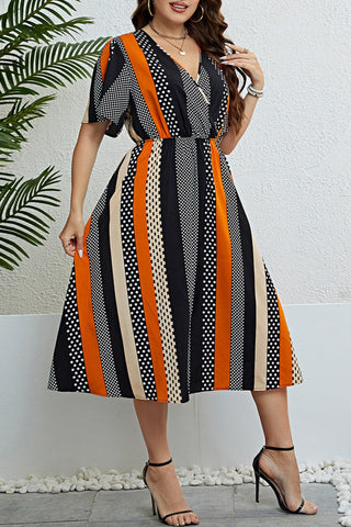 Casual Print Patchwork V Neck Short Sleeve Dress Plus Size Dresses