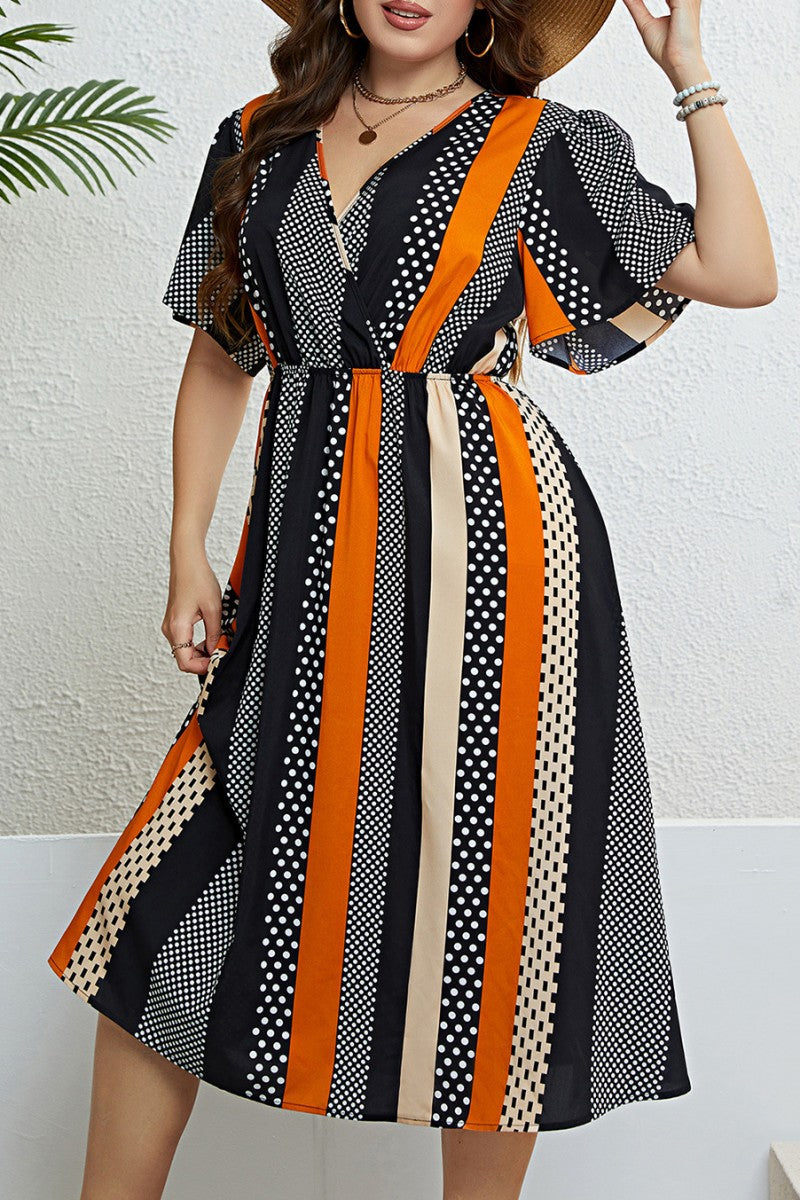 Casual Print Patchwork V Neck Short Sleeve Dress Plus Size Dresses