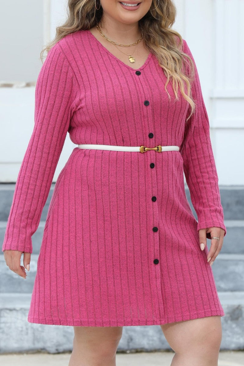 Casual Solid Patchwork V Neck Long Sleeve Plus Size Dresses (Without Belt)