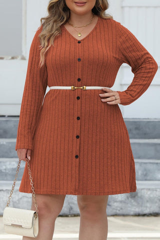 Casual Solid Patchwork V Neck Long Sleeve Plus Size Dresses (Without Belt)