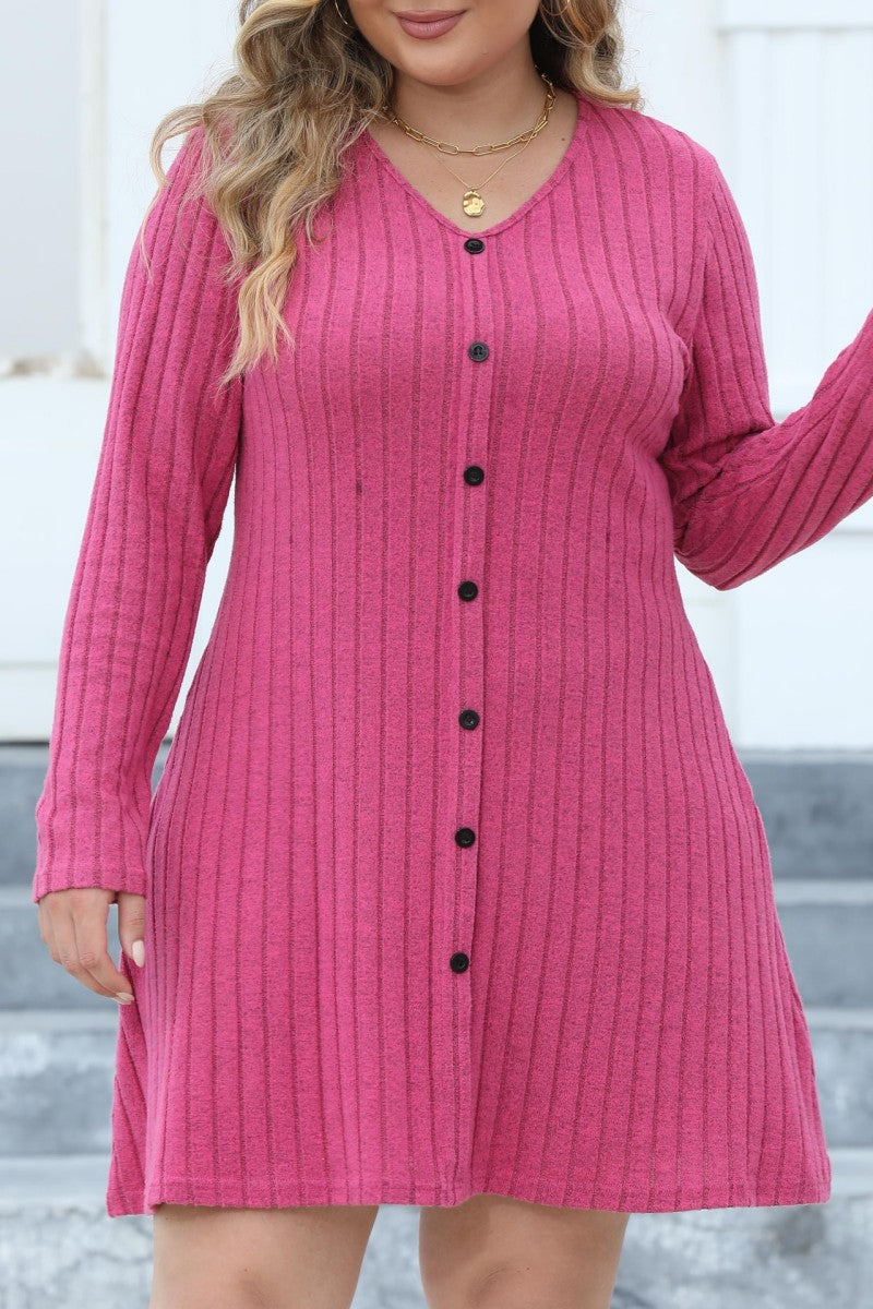 Casual Solid Patchwork V Neck Long Sleeve Plus Size Dresses (Without Belt)