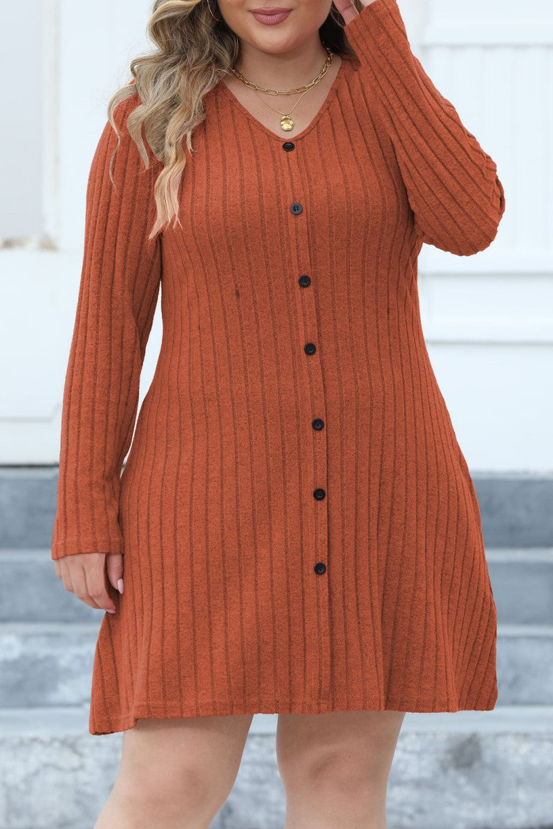 Casual Solid Patchwork V Neck Long Sleeve Plus Size Dresses (Without Belt)