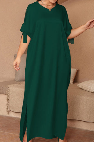 Casual Solid Frenulum Slit O Neck Long Dress Plus Size Dresses