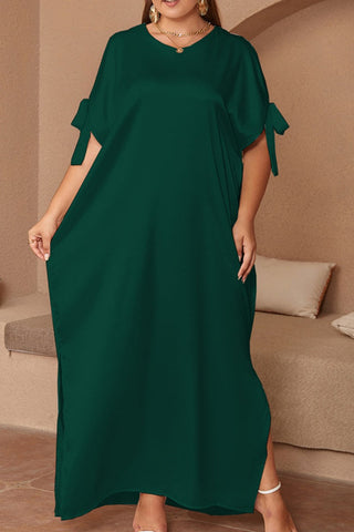 Casual Solid Frenulum Slit O Neck Long Dress Plus Size Dresses