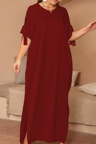 Casual Solid Frenulum Slit O Neck Long Dress Plus Size Dresses