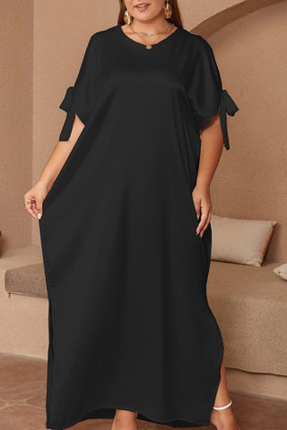 Casual Solid Frenulum Slit O Neck Long Dress Plus Size Dresses