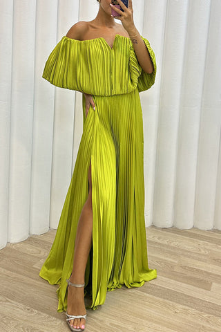 Formal Solid Slit Fold Off the Shoulder Evening Dress Dresses