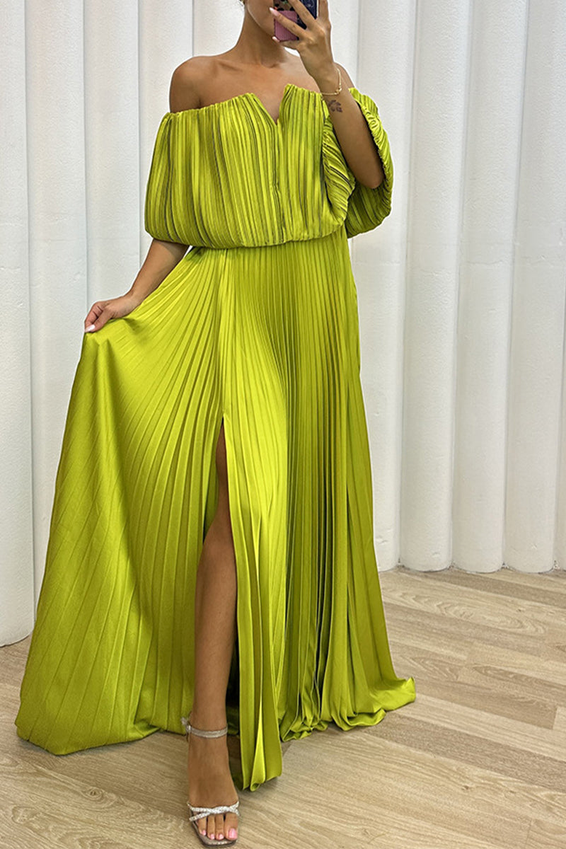 Formal Solid Slit Fold Off the Shoulder Evening Dress Dresses