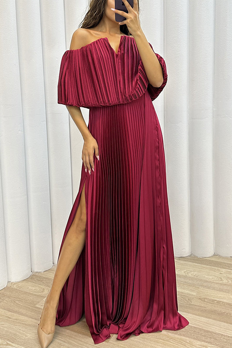 Formal Solid Slit Fold Off the Shoulder Evening Dress Dresses