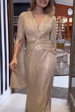 Formal Solid Sequins Fold V Neck A Line Dresses