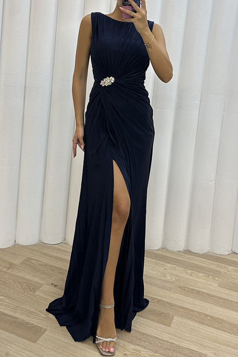 Elegant Formal Solid Slit Fold O Neck Evening Dress Dresses(3 Colors)