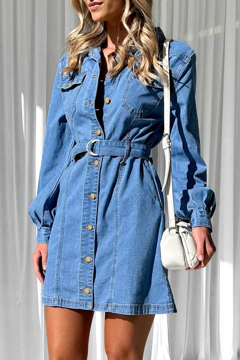 Casual Solid Pocket Buckle With Belt Turndown Collar Long Sleeve Straight Denim Dresses