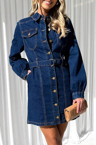 Casual Solid Pocket Buckle With Belt Turndown Collar Long Sleeve Straight Denim Dresses