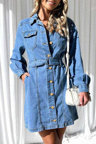 Casual Solid Pocket Buckle With Belt Turndown Collar Long Sleeve Straight Denim Dresses