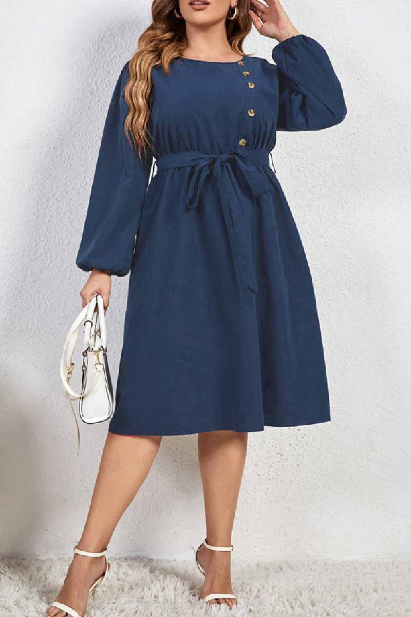 Casual Solid Basic O Neck Long Sleeve Plus Size Dresses