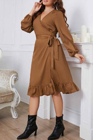 Casual Solid Frenulum V Neck Long Sleeve Plus Size Dresses