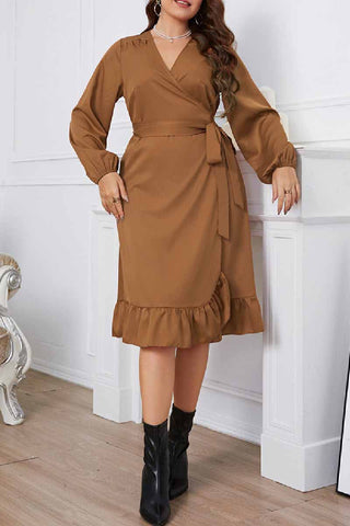 Casual Solid Frenulum V Neck Long Sleeve Plus Size Dresses