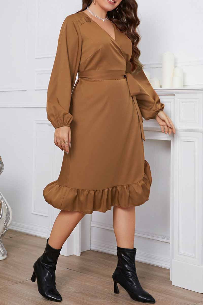 Casual Solid Frenulum V Neck Long Sleeve Plus Size Dresses