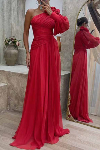 Elegant Solid Fold Oblique Collar Evening Dress Dresses