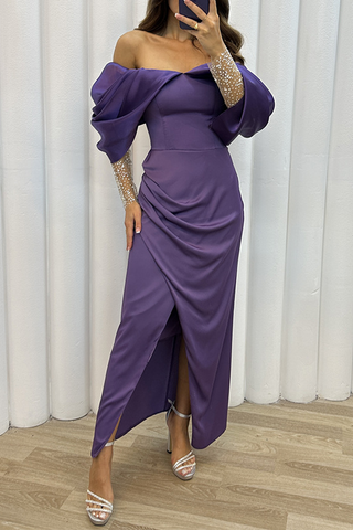 Elegant Solid Slit Fold Off the Shoulder Evening Dress Dresses