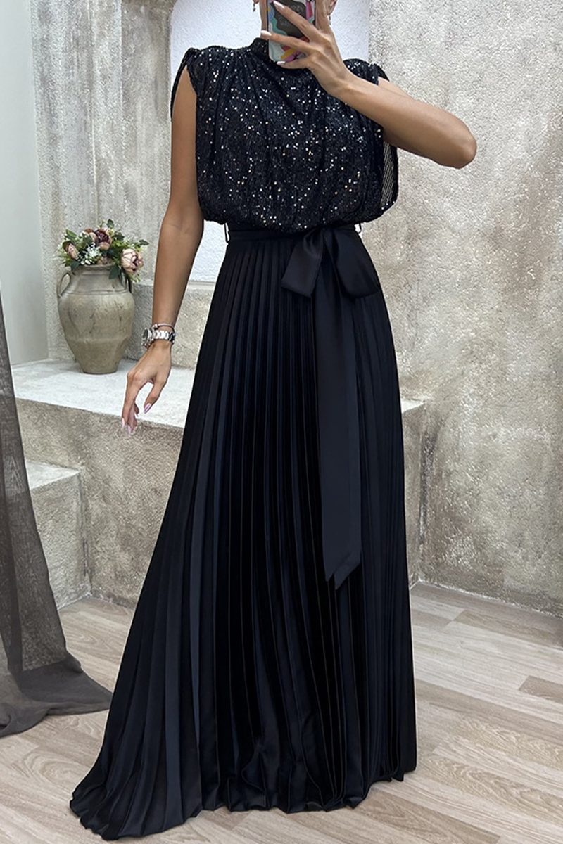 Elegant Solid Sequins Frenulum Fold Half A Turtleneck Evening Dress Dresses