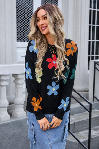 Flower Round Neck Long Sleeve Sweater