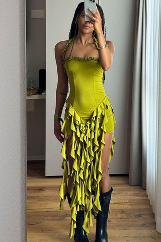 Ruffle Tassel Halter Bustier Mini Dress
