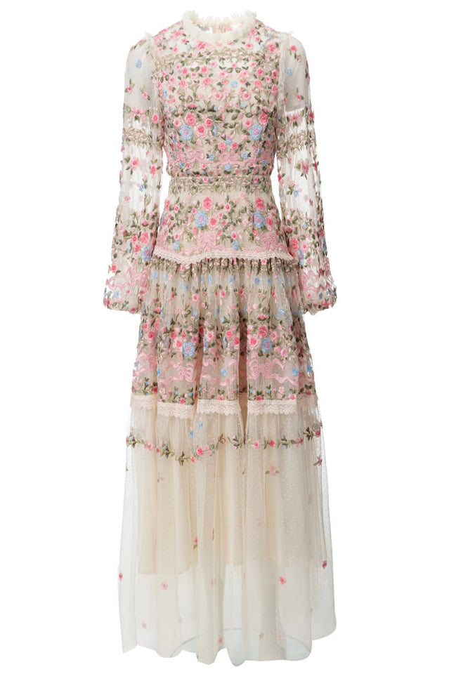 Garden 3/4 Sleeves Embellished Tulle Gown