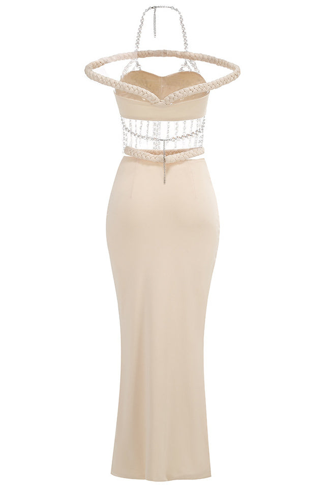 Halter Crystal Braided Bardot Maxi Dress