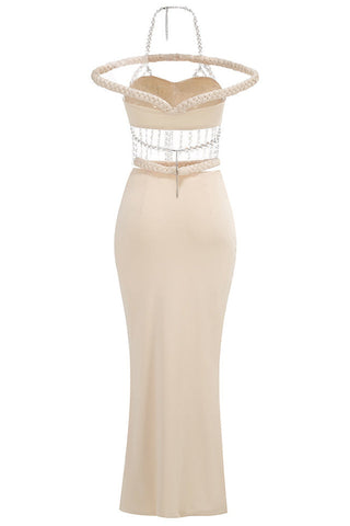 Halter Crystal Braided Bardot Maxi Dress