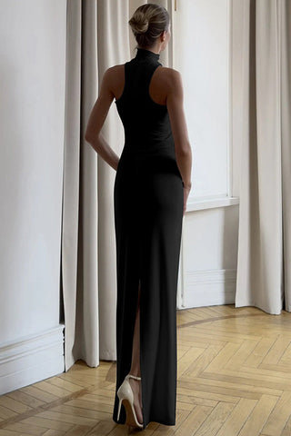 Golden Bead Trim Halter Sheath Dress