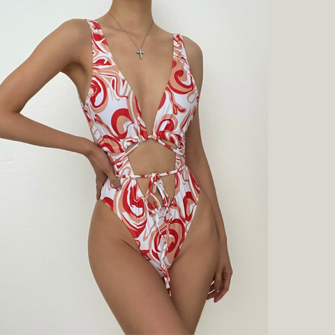 Low cut contrast print self tie hollow out one piece swimwear