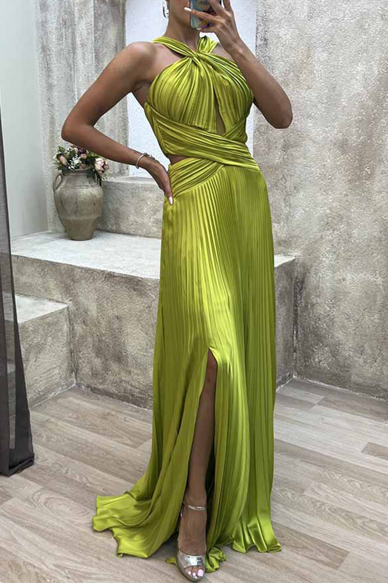 Elegant Solid Fold Halter Evening Dress Dresses