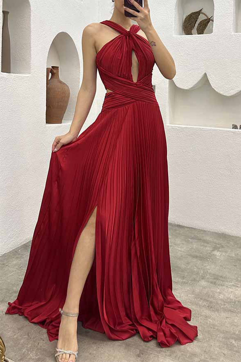 Elegant Solid Fold Halter Evening Dress Dresses