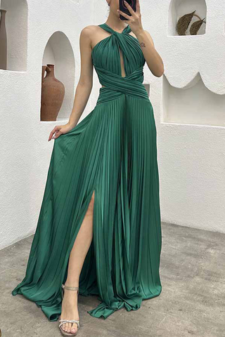 Elegant Solid Fold Halter Evening Dress Dresses