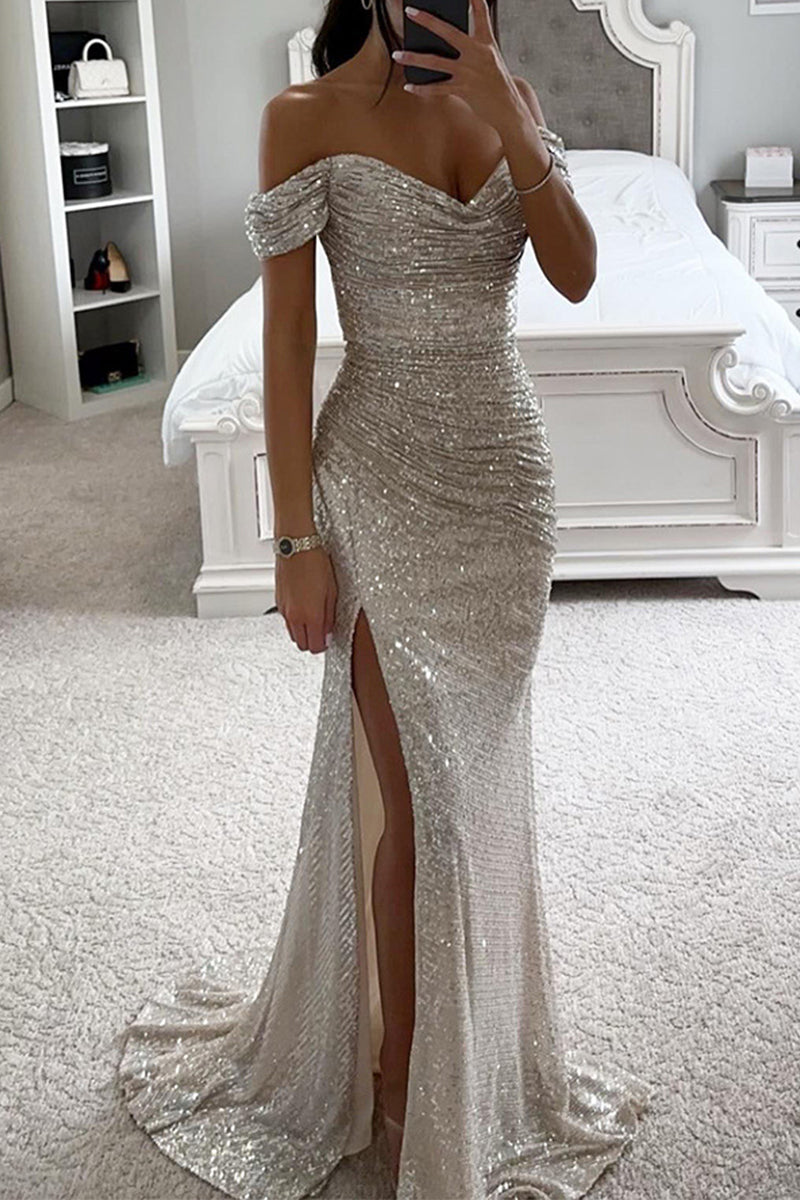 Elegant Solid Sequins High Opening Off the Shoulder Evening Dress Dresses(5 Colors)