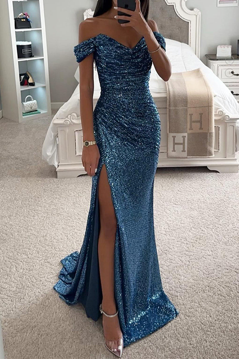 Elegant Solid Sequins High Opening Off the Shoulder Evening Dress Dresses(5 Colors)