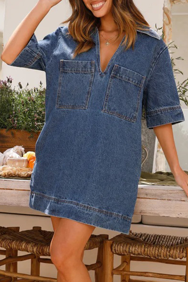 Casual Simplicity Solid Pocket V Neck Short Sleeve Loose Denim Dresses