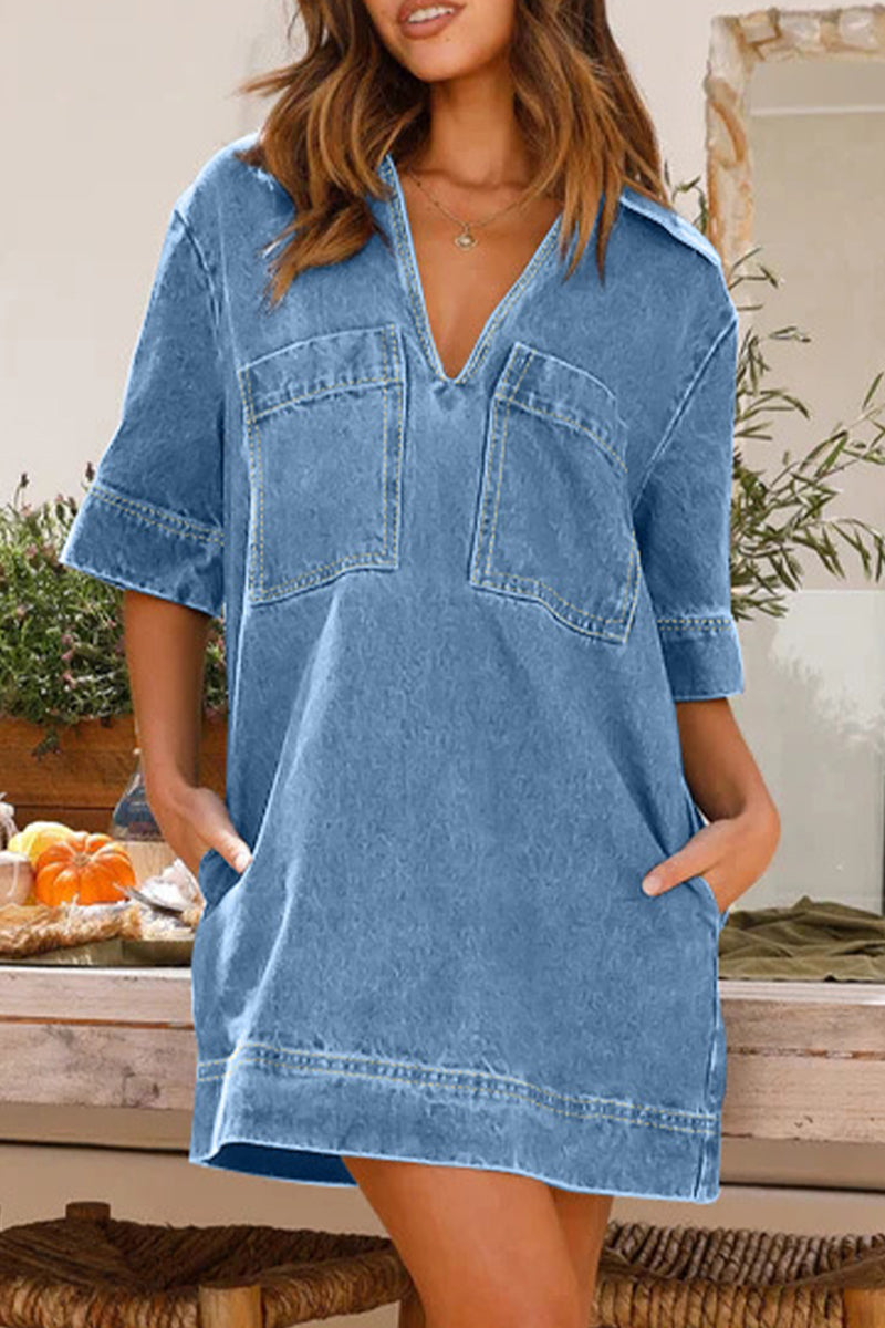 Casual Simplicity Solid Pocket V Neck Short Sleeve Loose Denim Dresses