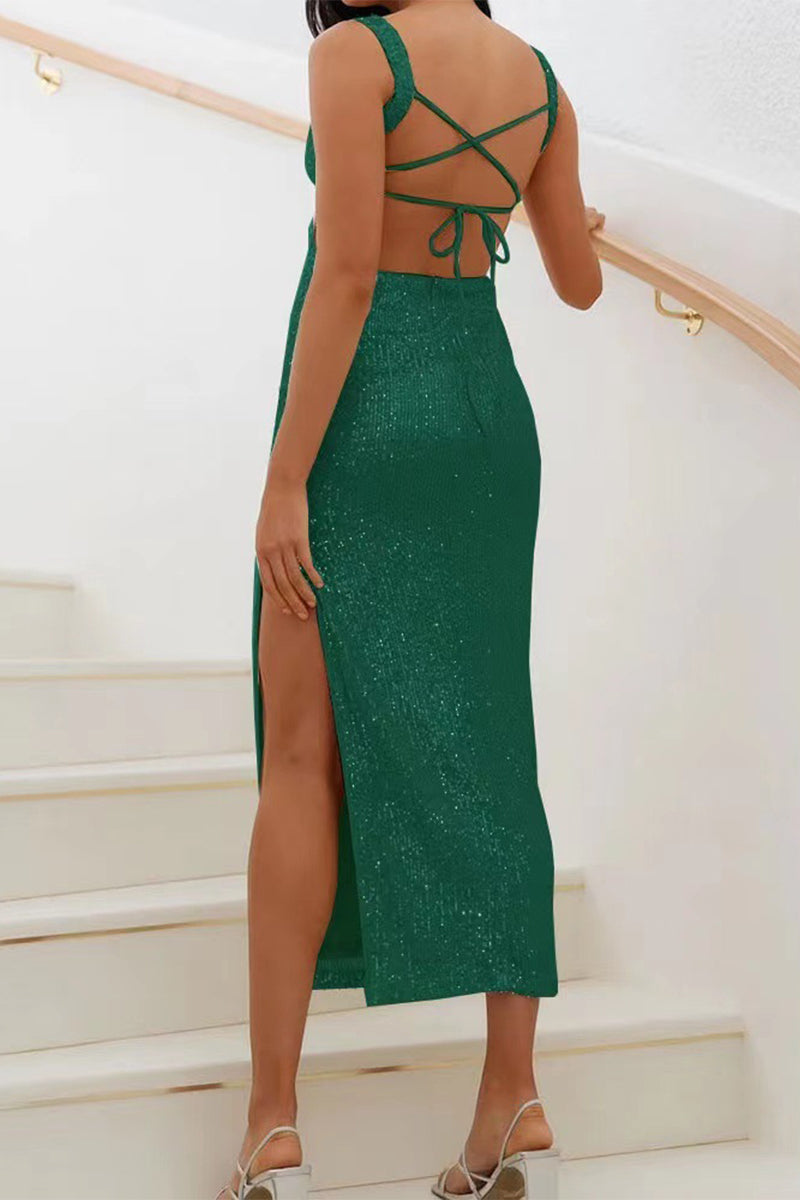 Solid Sequins Slit Square Collar One Step Skirt Dresses