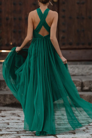 Formal Solid Hollowed Out Backless Halter Evening Dress Dresses