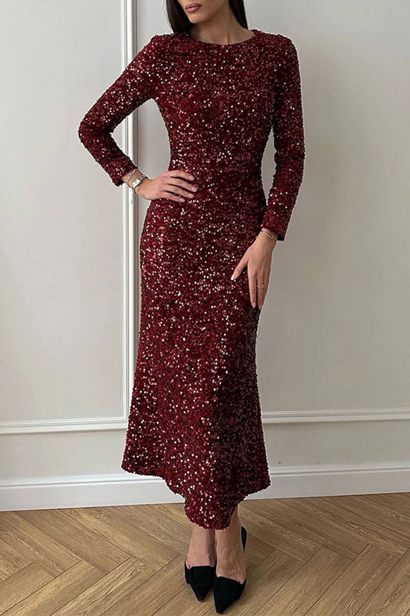 Prominente Elegante Solide Pailletten Pailletten O Neck One Step Rock Kleider