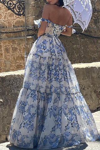 Elegant Formal Print Flowers Bandage Off the Shoulder Princess Dresses