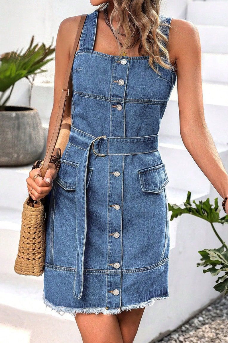 Casual Solid Buckle With Belt Square Collar Sleeveless Regular Denim Dresses