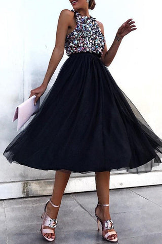 Solid Sequins Sequined O Neck Sleeveless Dress Dresses