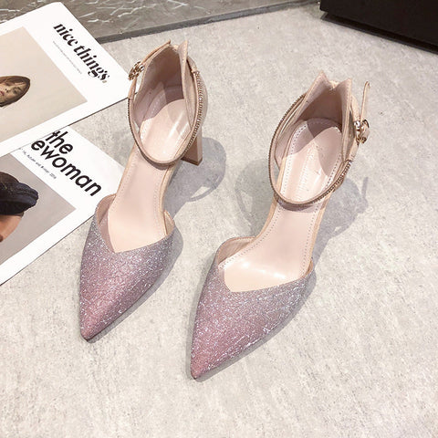 Summer Pointed Stiletto Rhinestone Buckle Hollow Heels