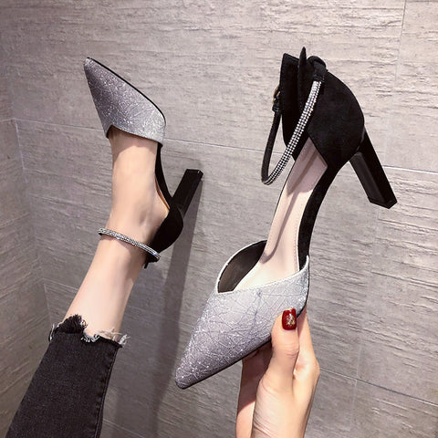 Summer Pointed Stiletto Rhinestone Buckle Hollow Heels