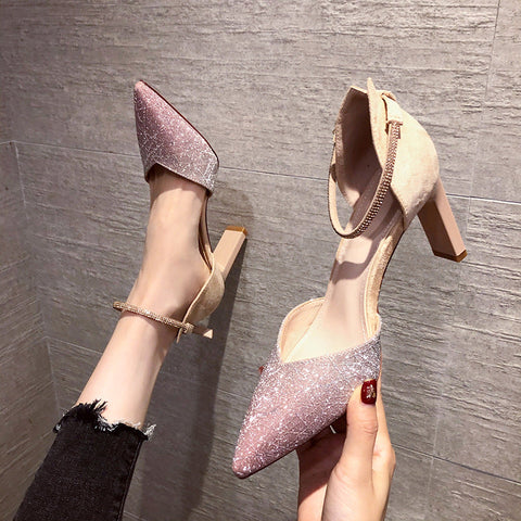 Summer Pointed Stiletto Rhinestone Buckle Hollow Heels