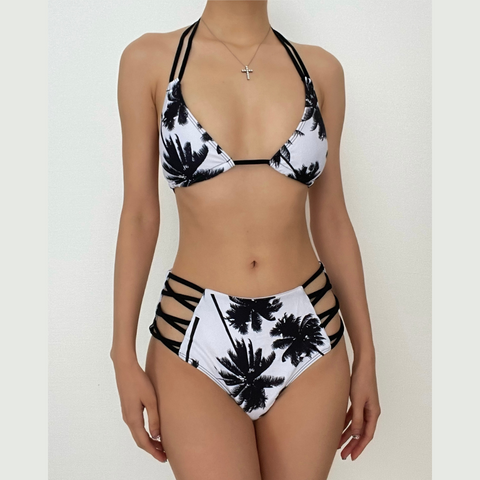 Halter contrast hollow out self tie padded bikini swimwear